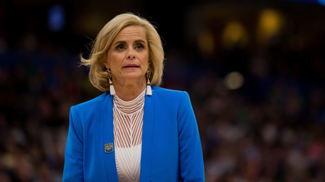 TAMPA, FL - APRIL 07: Baylor head coach Kim Mulkey looks on in the NCAA Division I Women's National Championship Game between the Baylor Bears and the Notre Dame Fighting Irish on April 07, 2019, at Amalie Arena in Tampa, Florida.