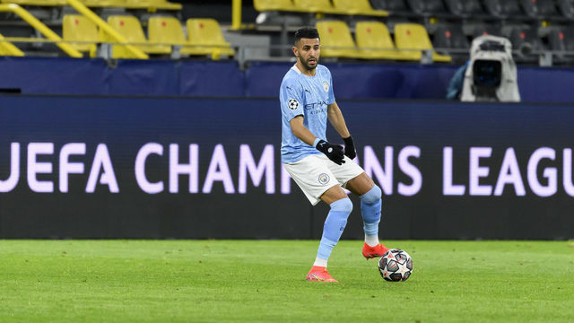 DORTMUND, GERMANY - APRIL 14:(BILD ZEITUNG OUT) Riyad Mahrez of Manchester City controls the ball during the UEFA Champions League Quarter Final Second Leg match between Borussia Dortmund and Manchester City at Signal Iduna Park on April 14, 2021 in Dortmund, Germany.