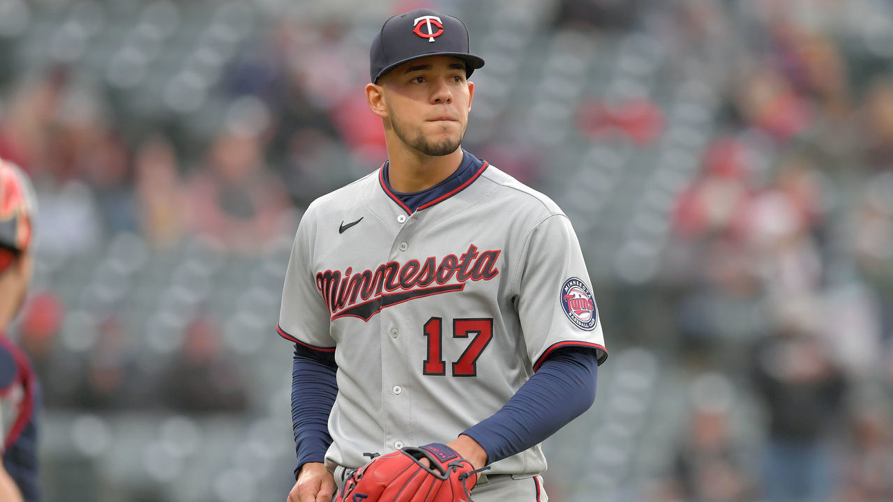 CLEVELAND, OHIO - APRIL 26: Starting pitcher Jose Berrios #17 of the Minnesota Twins leaves the game during the sixth inning against the Cleveland Indians at Progressive Field on April 26, 2021 in Cleveland, Ohio.
