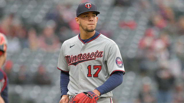 CLEVELAND, OHIO - APRIL 26: Starting pitcher Jose Berrios #17 of the Minnesota Twins leaves the game during the sixth inning against the Cleveland Indians at Progressive Field on April 26, 2021 in Cleveland, Ohio.