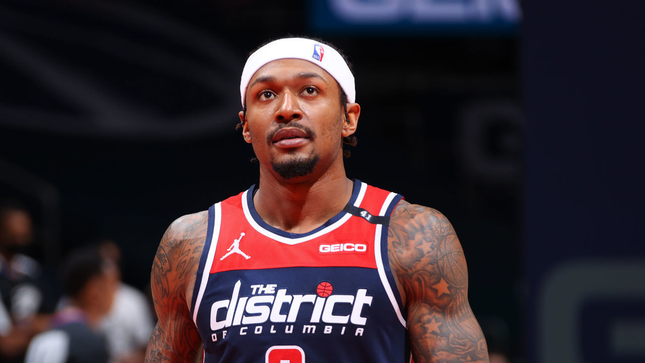 WASHINGTON, DC - APRIL 19: Bradley Beal #3 of the Washington Wizards looks on during the game against the Oklahoma City Thunder on April 19, 2021 at Capital One Arena in Washington, DC. Mandatory Copyright Notice: Copyright 2021 NBAE
