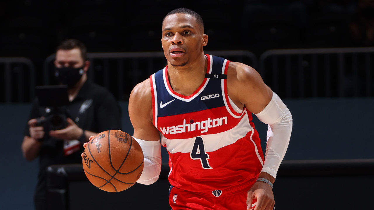 WASHINGTON, DC - APRIL 26: Russell Westbrook #4 of the Washington Wizards handles the ball against the San Antonio Spurs on April 26, 2021, 2021 at Capital One Arena in Washington, DC. Mandatory Copyright Notice: Copyright 2021 NBAE
