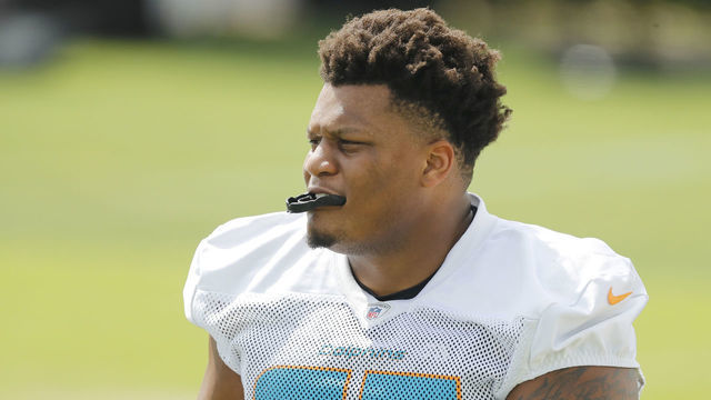DAVIE, FLORIDA - SEPTEMBER 17: Ereck Flowers #75 of the Miami Dolphins looks on during practice at Baptist Health Training Facility at Nova Southern University on September 17, 2020 in Davie, Florida.
