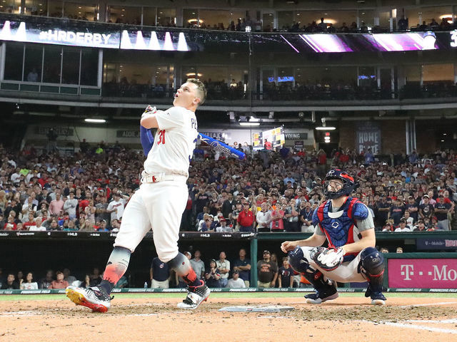 CLEVELAND, OHIO - JULY 08: Joc Pederson of the Los Angeles Dodgers competes in the T-Mobile Home Run Derby at Progressive Field on July 08, 2019 in Cleveland, Ohio.