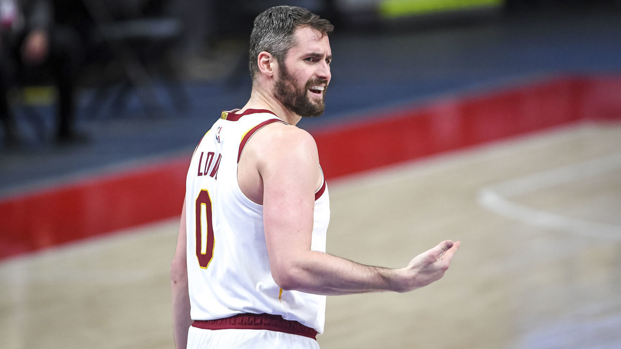 DETROIT, MICHIGAN - APRIL 19: Kevin Love #0 of the Cleveland Cavaliers reacts during the third quarter of the NBA game against the Detroit Pistons at Little Caesars Arena on April 19, 2021 in Detroit, Michigan.