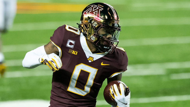 MINNEAPOLIS, MINNESOTA - OCTOBER 24: Rashod Bateman #0 of the Minnesota Golden Gophers carries the ball against the Michigan Wolverines in the third quarter of the game at TCF Bank Stadium on October 24, 2020 in Minneapolis, Minnesota. The Wolverines defeated the Gophers 49-24.