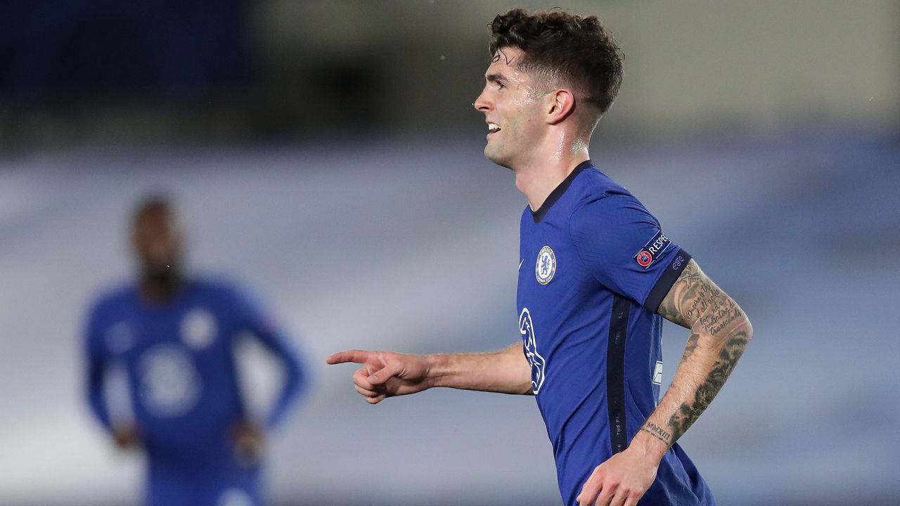 MADRID, SPAIN - APRIL 27: MADRID, SPAIN - APRIL 27: Christian Pulisic of Chelsea celebrates after scoring their side's first goal during the UEFA Champions League Semi Final First Leg match between Real Madrid and Chelsea FC at Estadio Alfredo Di Stefano on April 27, 2021 in Madrid, Spain. Sporting stadiums around Spain remain under strict restrictions due to the Coronavirus Pandemic as Government social distancing laws prohibit fans inside venues resulting in games being played behind closed doors.