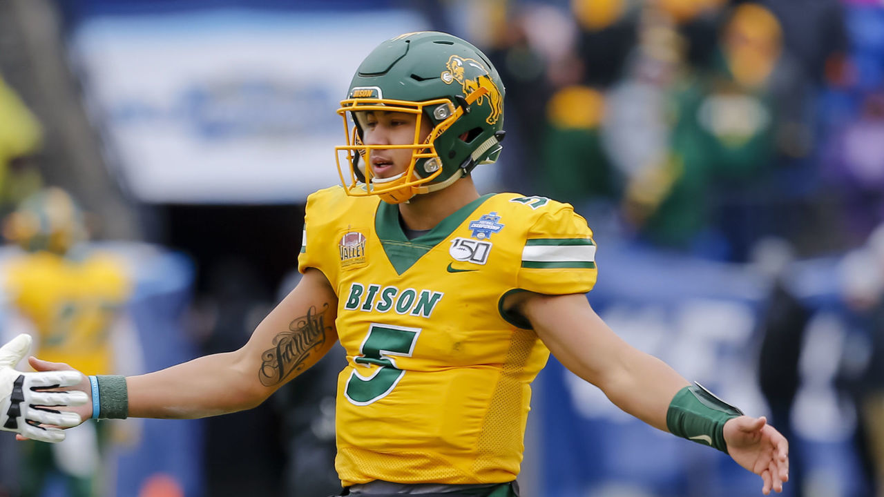 FRISCO, TX - JANUARY 11: North Dakota State Bison quarterback Trey Lance (5) celebrates his team scoring a touchdown during the NCAA Division I Football Championship Game between the North Dakota State Bison and the James Madison Dukes on January 11, 2020 at Toyota Stadium in Frisco, Texas.