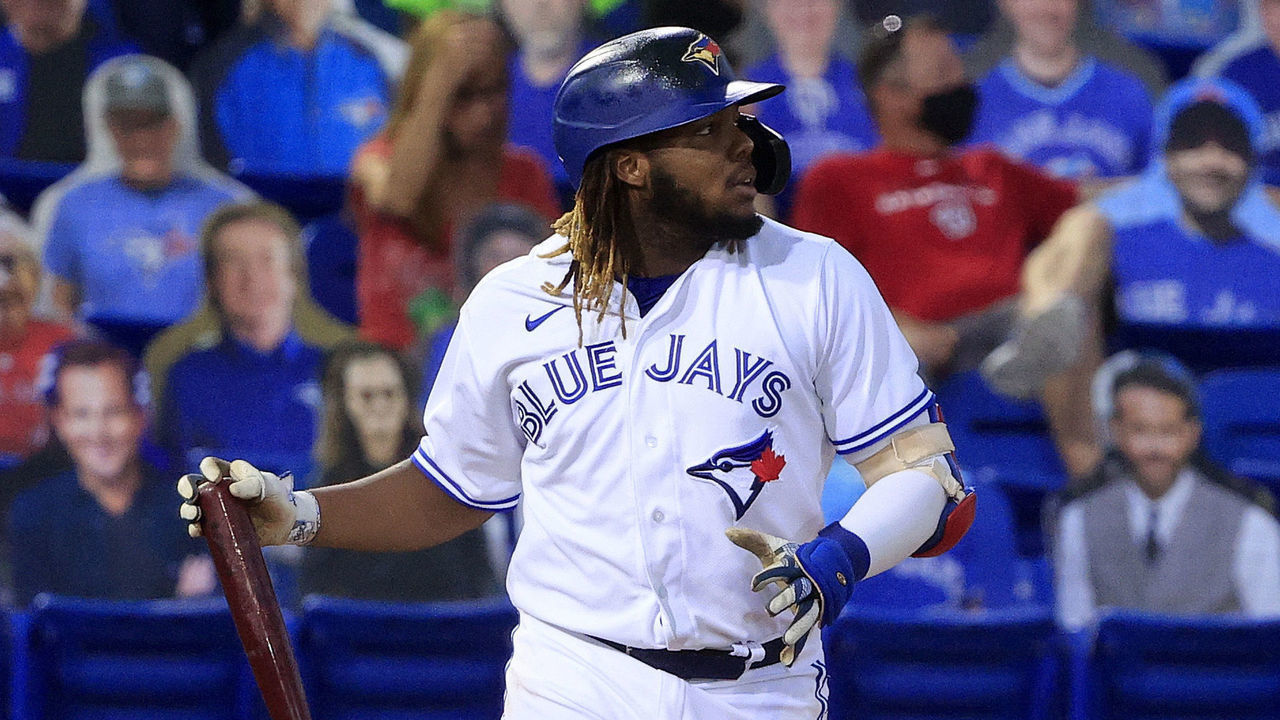 DUNEDIN, FLORIDA - APRIL 27: Vladimir Guerrero Jr. #27 of the Toronto Blue Jays reacts to his a grand-slam home run in the third inning against the Washington Nationals at TD Ballpark on April 27, 2021 in Dunedin, Florida.