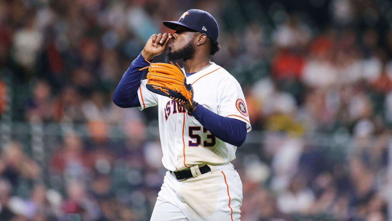 HOUSTON, TEXAS - APRIL 27: Cristian Javier #53 of the Houston Astros reacts to getting out of the sixth inning of their game against the Seattle Mariners at Minute Maid Park on April 27, 2021 in Houston, Texas.