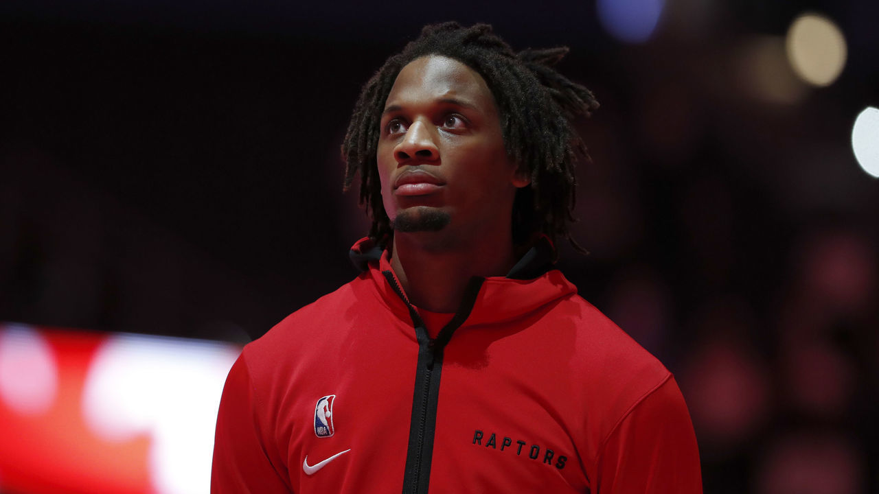 TAMPA, FL- APRIL 26: Freddie Gillespie #55 of the Toronto Raptors stands for the national anthem before the game against the Cleveland Cavaliers on April 26, 2021 at Amalie Arena in Tampa, Florida. Mandatory Copyright Notice: Copyright 2021 NBAE