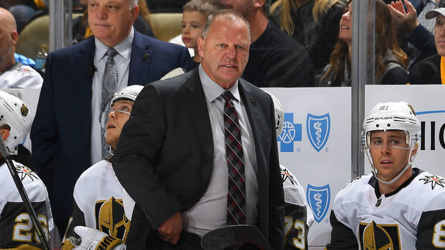 PITTSBURGH, PA - OCTOBER 19: Head coach Gerard Gallant of the Vegas Golden Knights looks on against the Pittsburgh Penguins at PPG PAINTS Arena on October 19, 2019 in Pittsburgh, Pennsylvania.