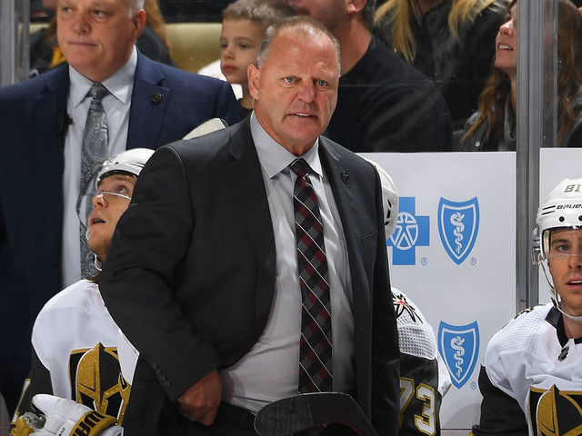 PITTSBURGH, PA - OCTOBER 19: Head coach Gerard Gallant of the Vegas Golden Knights looks on against the Pittsburgh Penguins at PPG PAINTS Arena on October 19, 2019 in Pittsburgh, Pennsylvania.