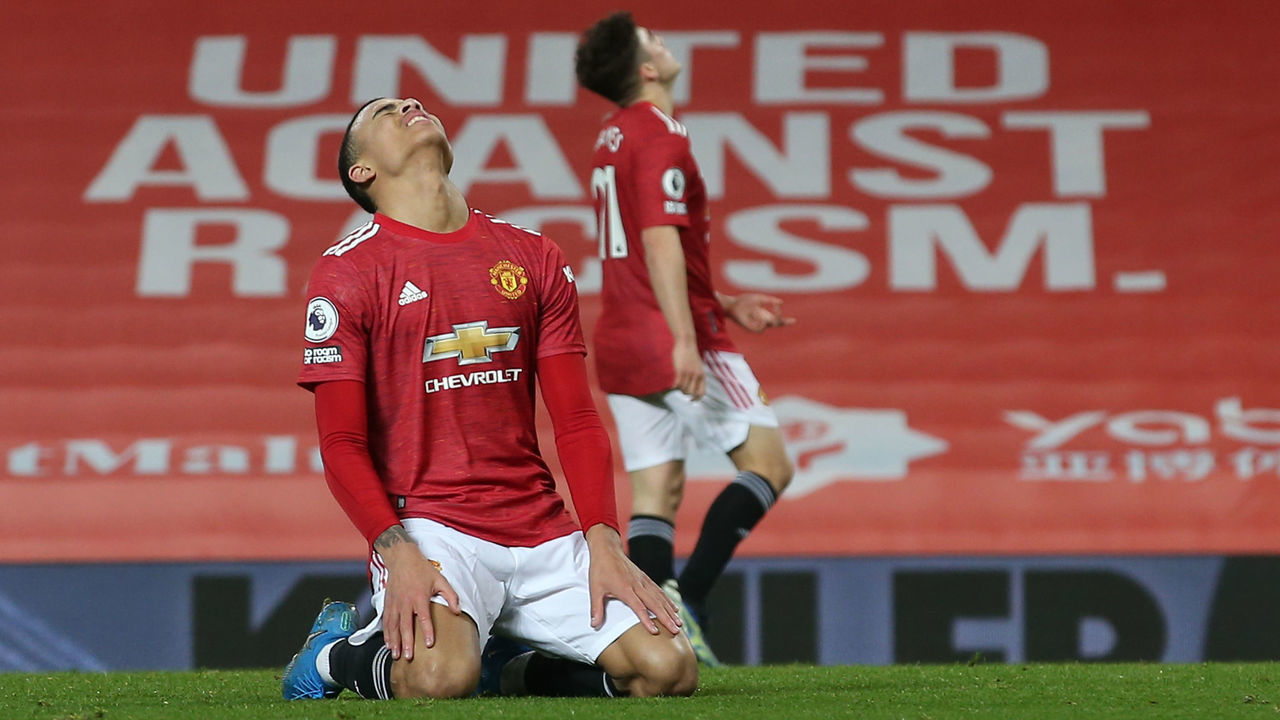 MANCHESTER, ENGLAND - MARCH 14: Mason Greenwood of Manchester United shows his disappointment during the Premier League match between Manchester United and West Ham United at Old Trafford on March 14, 2021 in Manchester, England. Sporting stadiums around the UK remain under strict restrictions due to the Coronavirus Pandemic as Government social distancing laws prohibit fans inside venues resulting in games being played behind closed doors.
