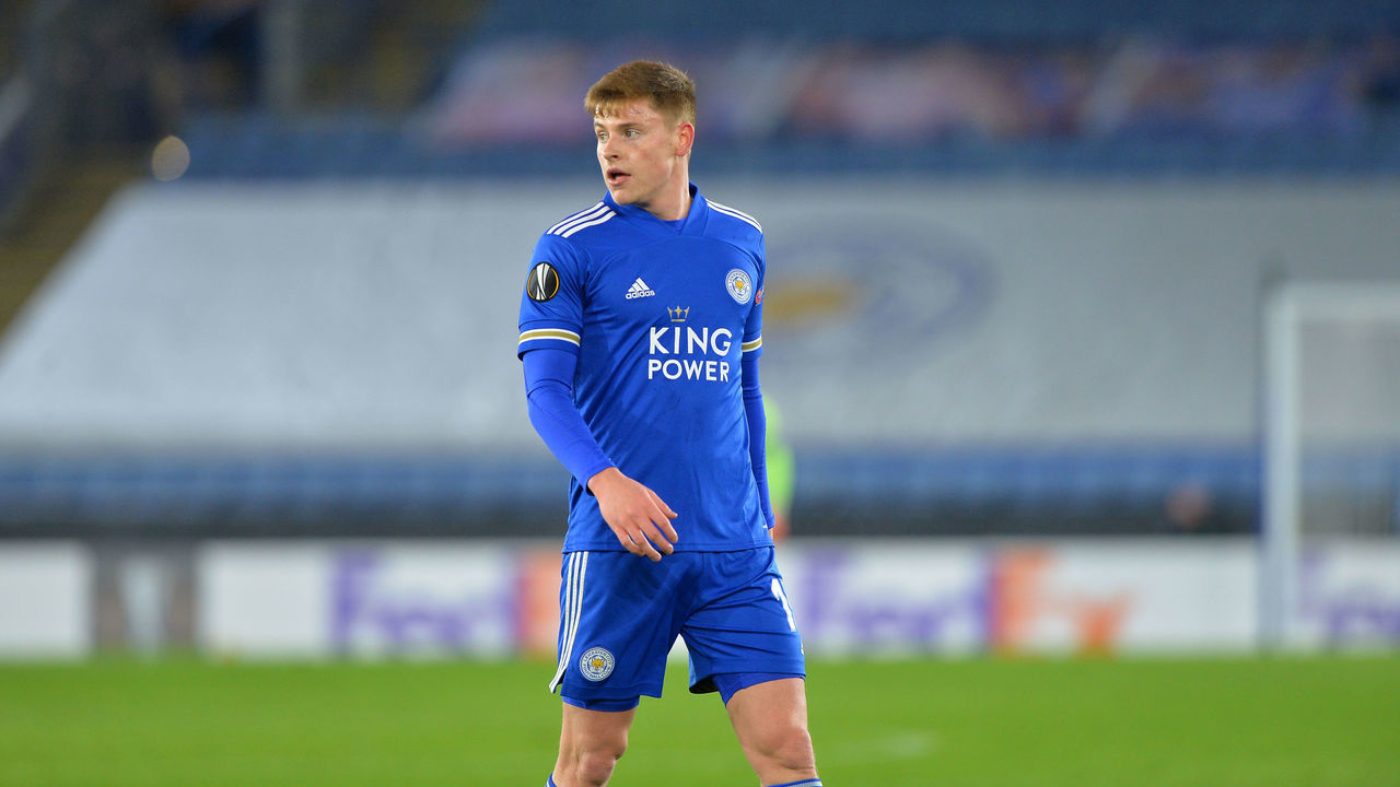 LEICESTER, ENGLAND - FEBRUARY 25: Harvey Barnes of Leicester City during the UEFA Europa League Round of 32 match between Leicester City and Slavia Prague at Leicester City Stadium, on February 25, 2021 in Leicester, United Kingdom. Sporting stadiums around the UK remain under strict restrictions due to the Coronavirus Pandemic as Government social distancing laws prohibit fans inside venues resulting in games being played behind closed doors.