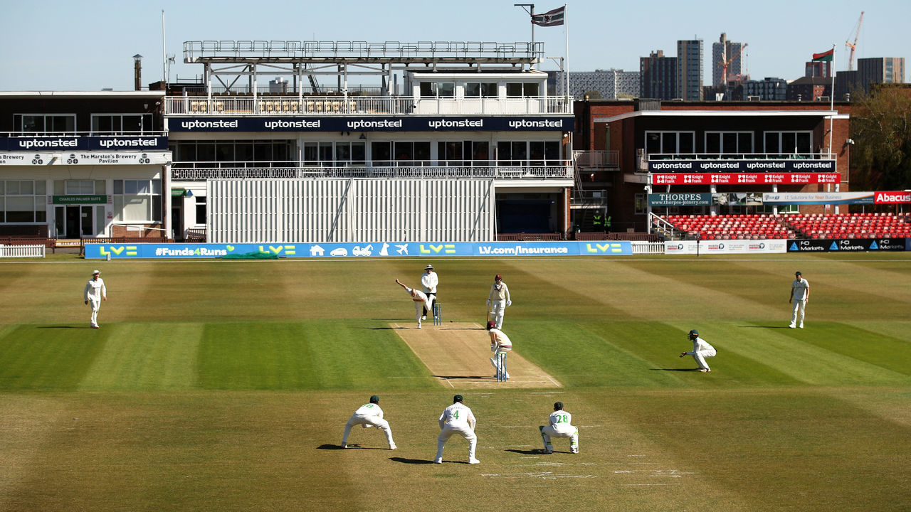 LEICESTER, ENGLAND - APRIL 23: A general view of play during day two of the LV= Insurance County Championship match between Leicestershire and Somerset at Grace Road on April 23, 2021 in Leicester, England. Sporting stadiums around the UK remain under strict restrictions due to the Coronavirus Pandemic as Government social distancing laws prohibit fans inside venues resulting in games being played behind closed doors.