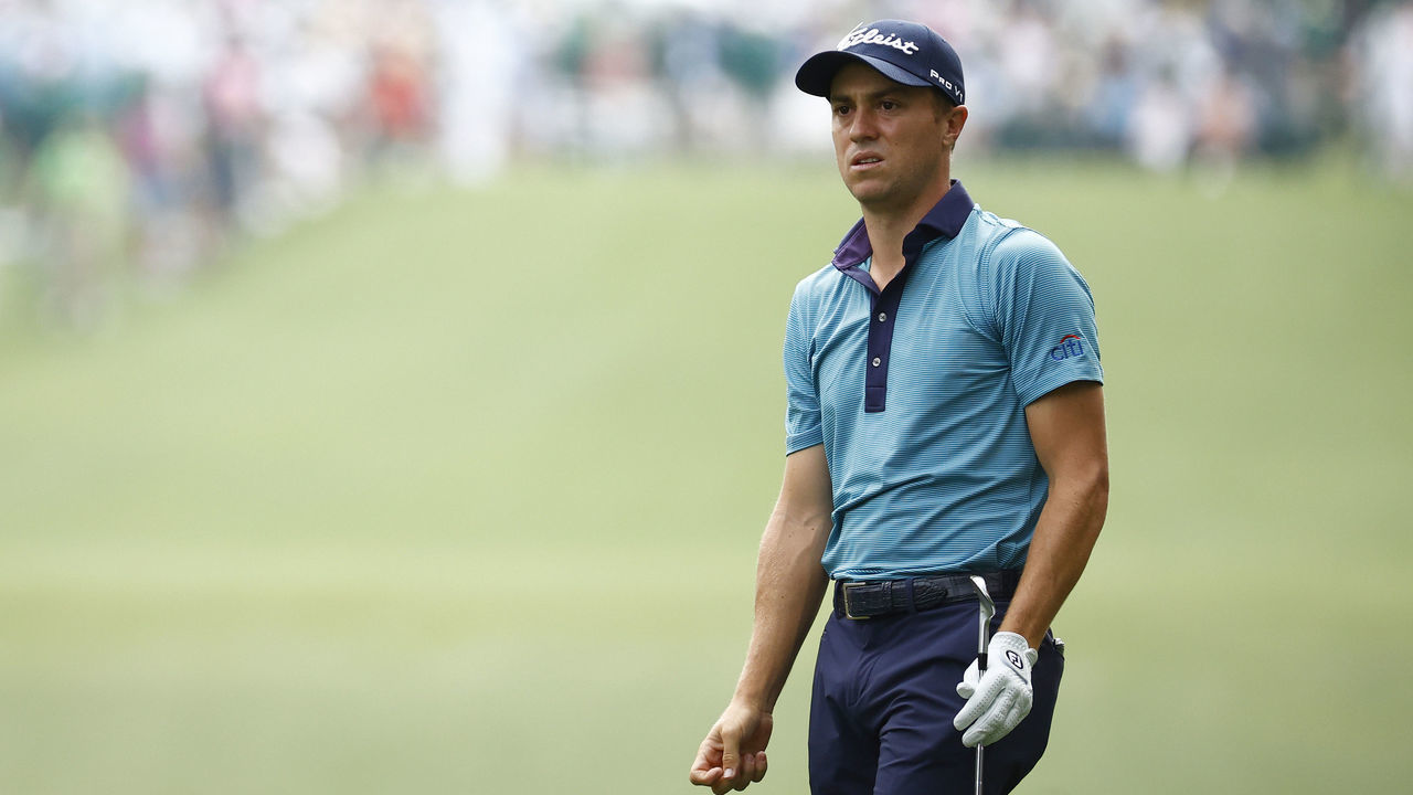 AUGUSTA, GEORGIA - APRIL 09: Justin Thomas of the United States reacts to his shot on the first hole during the second round of the Masters at Augusta National Golf Club on April 09, 2021 in Augusta, Georgia.
