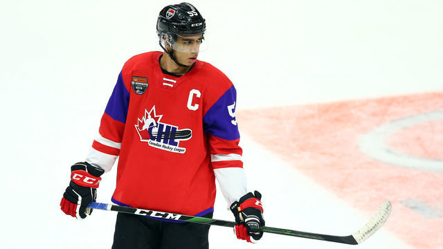 HAMILTON, ON - JANUARY 16: Quinton Byfield #55 of Team Red skates during the 2020 CHL/NHL Top Prospects Game against Team White at FirstOntario Centre on January 16, 2020 in Hamilton, Canada.