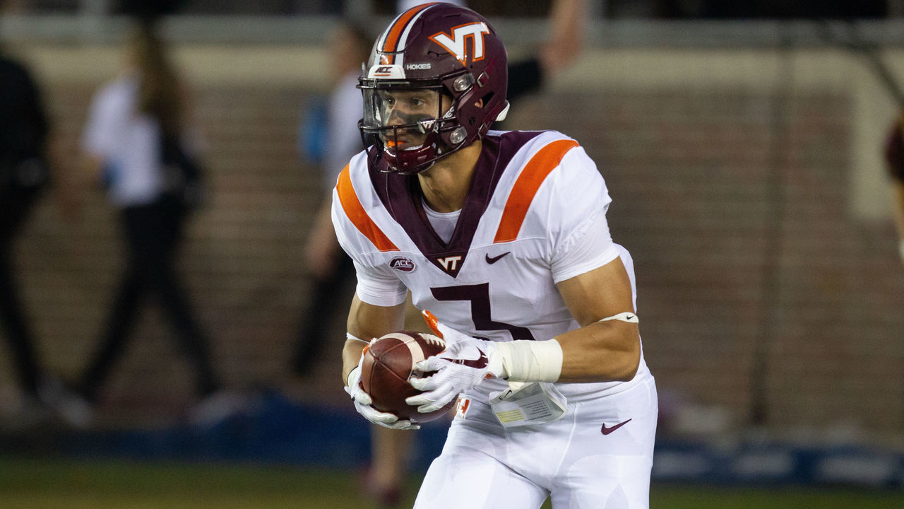 TALLAHASSEE, FL - SEPTEMBER 03: Virginia Tech Hokies defensive back Caleb Farley (3) catches the kickoff during the game between the Florida State Seminoles and the Virginia Tech Hokies September 03, 2018, at Doak Campbell Stadium in Tallahassee, Florida.