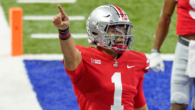 INDIANAPOLIS, IN - DECEMBER 19: Ohio State Buckeyes quarterback Justin Fields (1) celebrates after a play in action during the Big Ten Championship game between the Ohio State Buckeyes and the Northwestern Wildcats on December 19, 2020 at Lucas Oil stadium, in Indianapolis, IN.