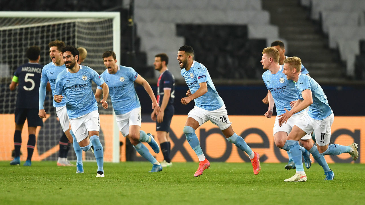 PARIS, FRANCE - APRIL 28: Riyad Mahrez of Manchester City celebrates with Ilkay Gundogan and Oleksandr Zinchenko after scoring their side's second goal during the UEFA Champions League Semi Final First Leg match between Paris Saint-Germain and Manchester City at Parc des Princes on April 28, 2021 in Paris, France. Sporting stadiums around France remain under strict restrictions due to the Coronavirus Pandemic as Government social distancing laws prohibit fans inside venues resulting in games being played behind closed doors.