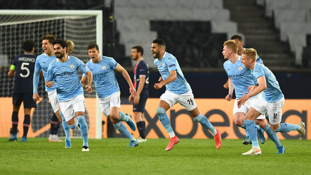 PARIS, FRANCE - APRIL 28: Riyad Mahrez of Manchester City celebrates with Ilkay Gundogan and Oleksandr Zinchenko after scoring their side's second goal during the UEFA Champions League Semi Final First Leg match between Paris Saint-Germain and Manchester City at Parc des Princes on April 28, 2021 in Paris, France. Sporting stadiums around France remain under strict restrictions due to the Coronavirus Pandemic as Government social distancing laws prohibit fans inside venues resulting in games being played behind closed doors.
