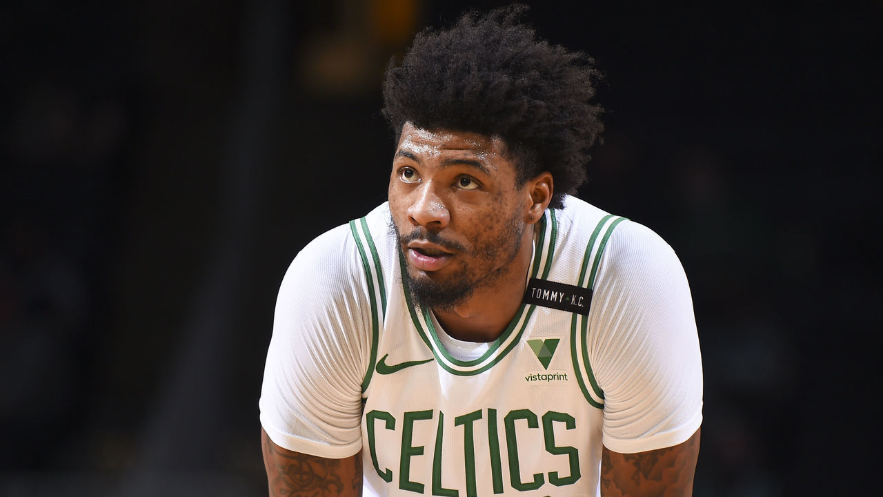 BOSTON, MA - APRIL 27: Marcus Smart #36 of the Boston Celtics looks on during the game against the Oklahoma City Thunder on April 27, 2021 at the TD Garden in Boston, Massachusetts. Mandatory Copyright Notice: Copyright 2021 NBAE
