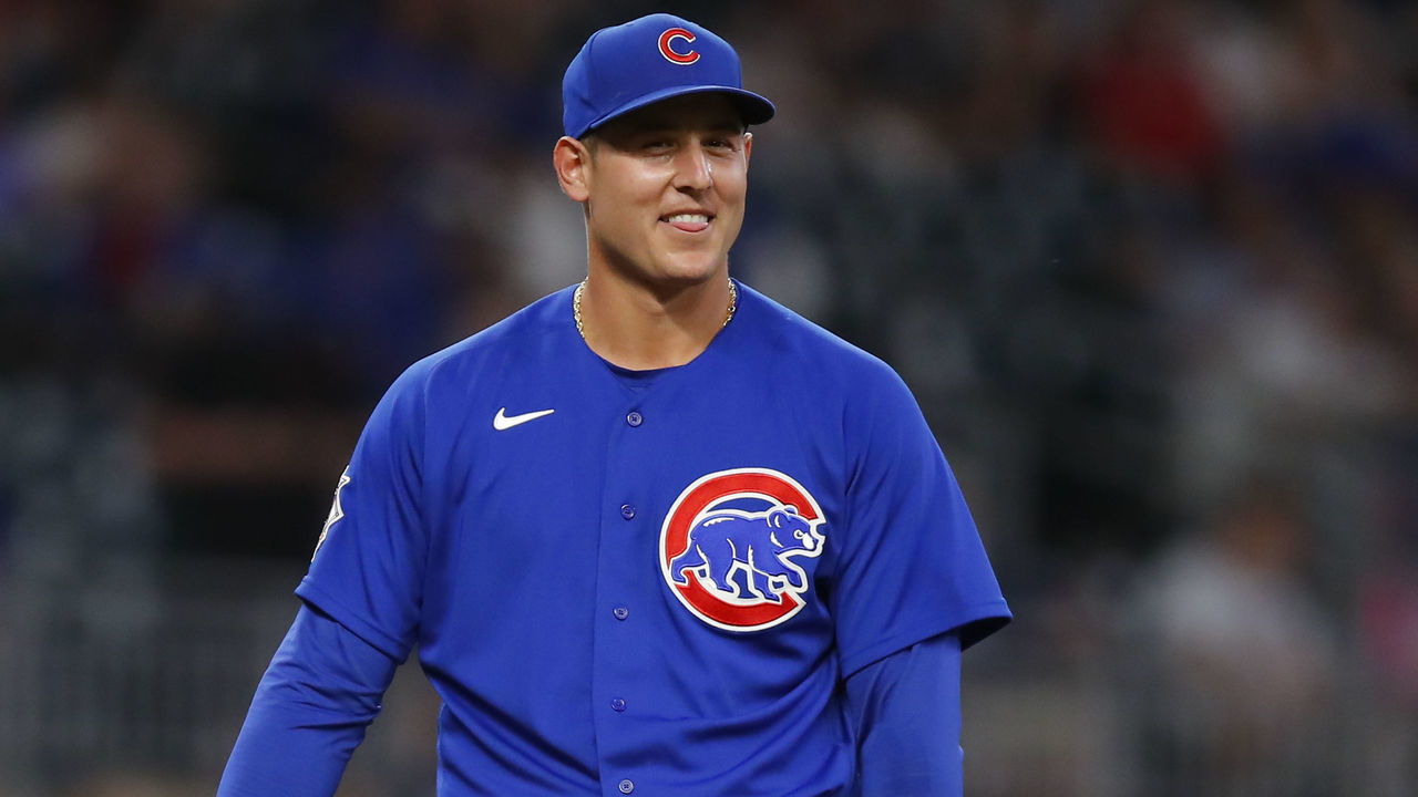 ATLANTA, GA - APRIL 28: Anthony Rizzo #44 of the Chicago Cubs pitches in the seventh inning of a game against the Atlanta Braves at Truist Park on April 28, 2021 in Atlanta, Georgia.