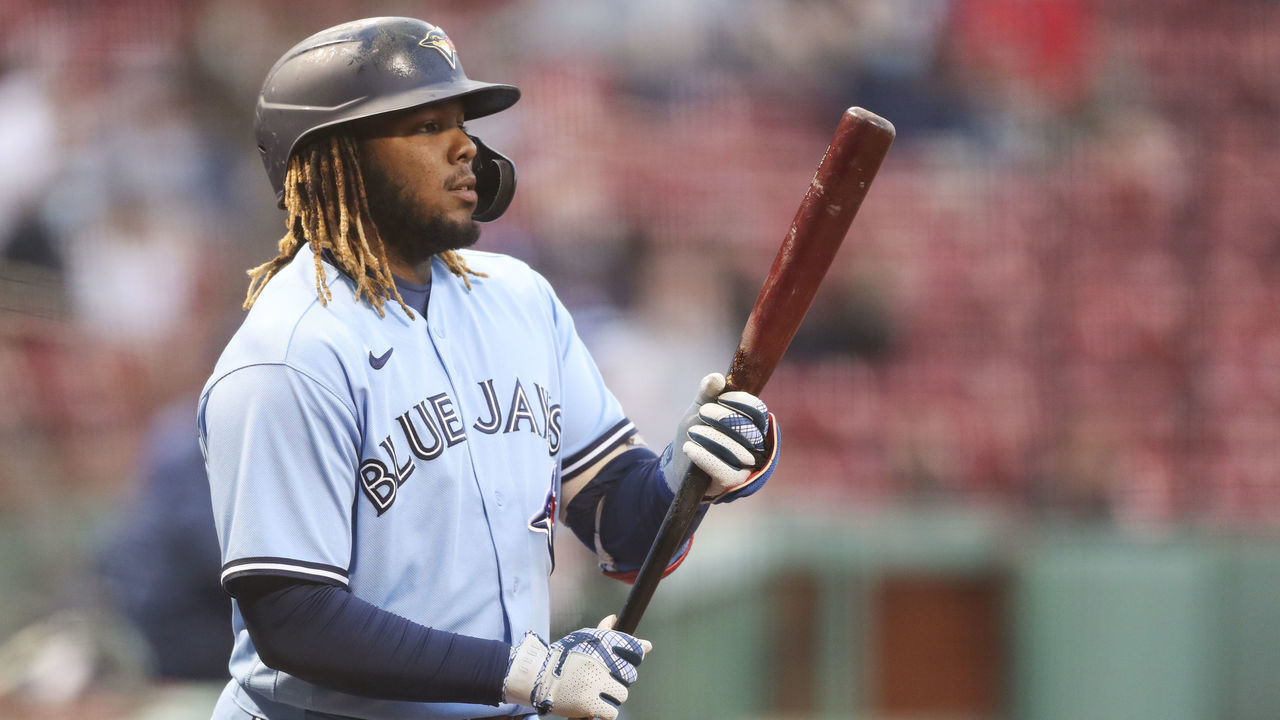 BOSTON, MA - APRIL 20: Vladimir Guerrero Jr. #27 of the Toronto Blue Jays prepares to bat during a game against the Toronto Blue Jays at Fenway Park on April 20, 2021 in Boston, Massachusetts.