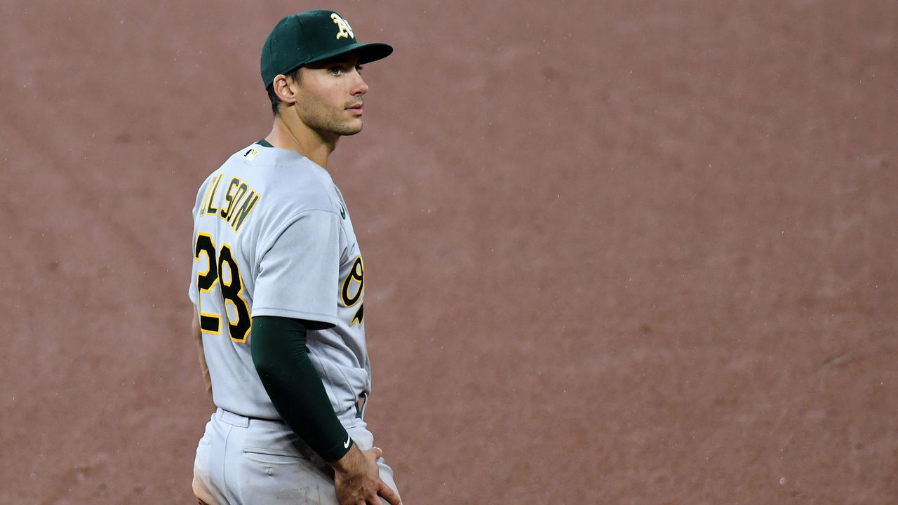 BALTIMORE, MARYLAND - APRIL 24: Matt Olson #28 of the Oakland Athletics looks on against the Baltimore Orioles during the game at Oriole Park at Camden Yards on April 24, 2021 in Baltimore, Maryland.
