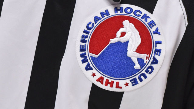 MONTREAL, QC - FEBRUARY 19: A close-up of the AHL logo seen on a referee jersey during the third period between the Laval Rocket and the Belleville Senators at the Bell Centre on February 19, 2021 in Montreal, Canada. The Laval Rocket defeated the Belleville Senators 5-2.
