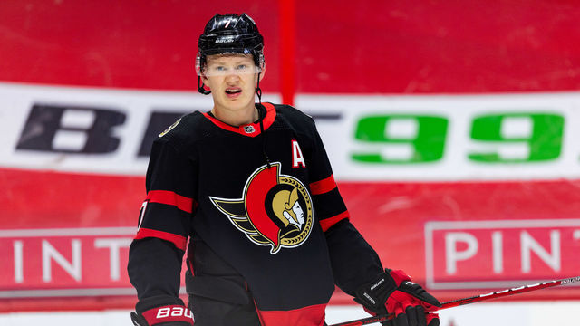 OTTAWA, ON - APRIL 26: Ottawa Senators Left Wing Brady Tkachuk (7) during warm-up before National Hockey League action between the Vancouver Canucks and Ottawa Senators on April 26, 2021, at Canadian Tire Centre in Ottawa, ON, Canada.