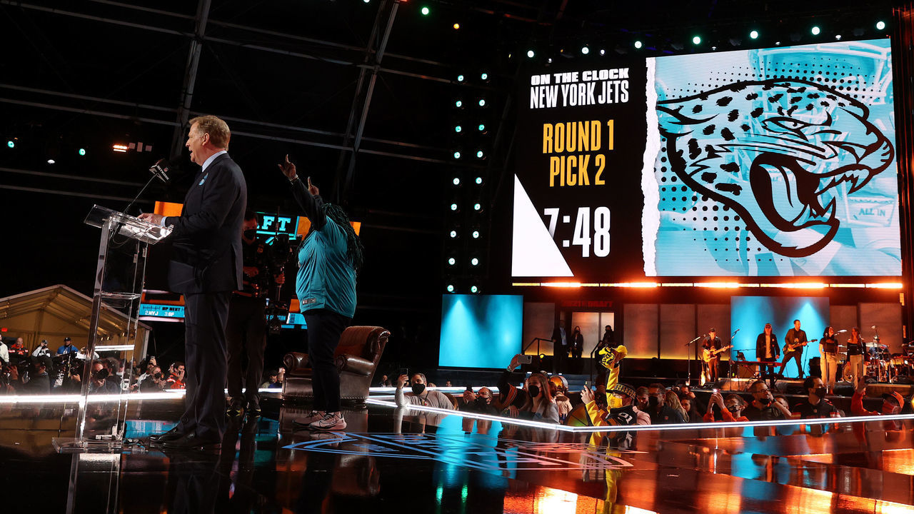 CLEVELAND, OHIO - APRIL 29: NFL Commissioner Roger Goodell announces the Jacksonville Jaguars selection of Trevor Lawrence with the first pick of the 2021 NFL Draft at the Great Lakes Science Center on April 29, 2021 in Cleveland, Ohio.