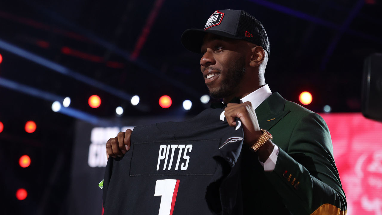 CLEVELAND, OHIO - APRIL 29: Kyle Pitts poses onstage after being selected fourth by the Atlanta Falcons during round one of the 2021 NFL Draft at the Great Lakes Science Center on April 29, 2021 in Cleveland, Ohio.