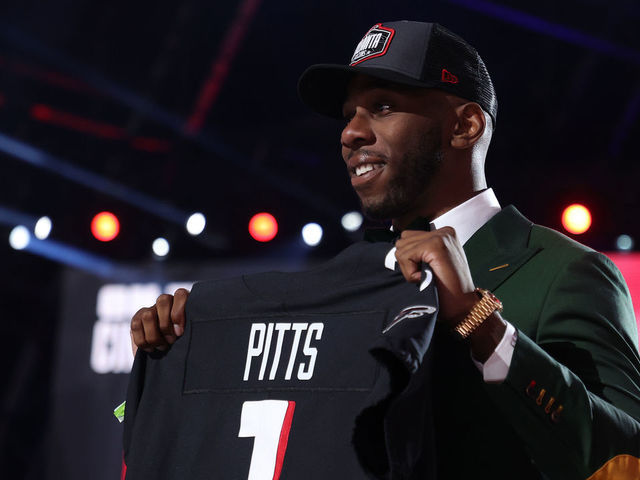 CLEVELAND, OHIO - APRIL 29: Kyle Pitts poses onstage after being selected fourth by the Atlanta Falcons during round one of the 2021 NFL Draft at the Great Lakes Science Center on April 29, 2021 in Cleveland, Ohio.