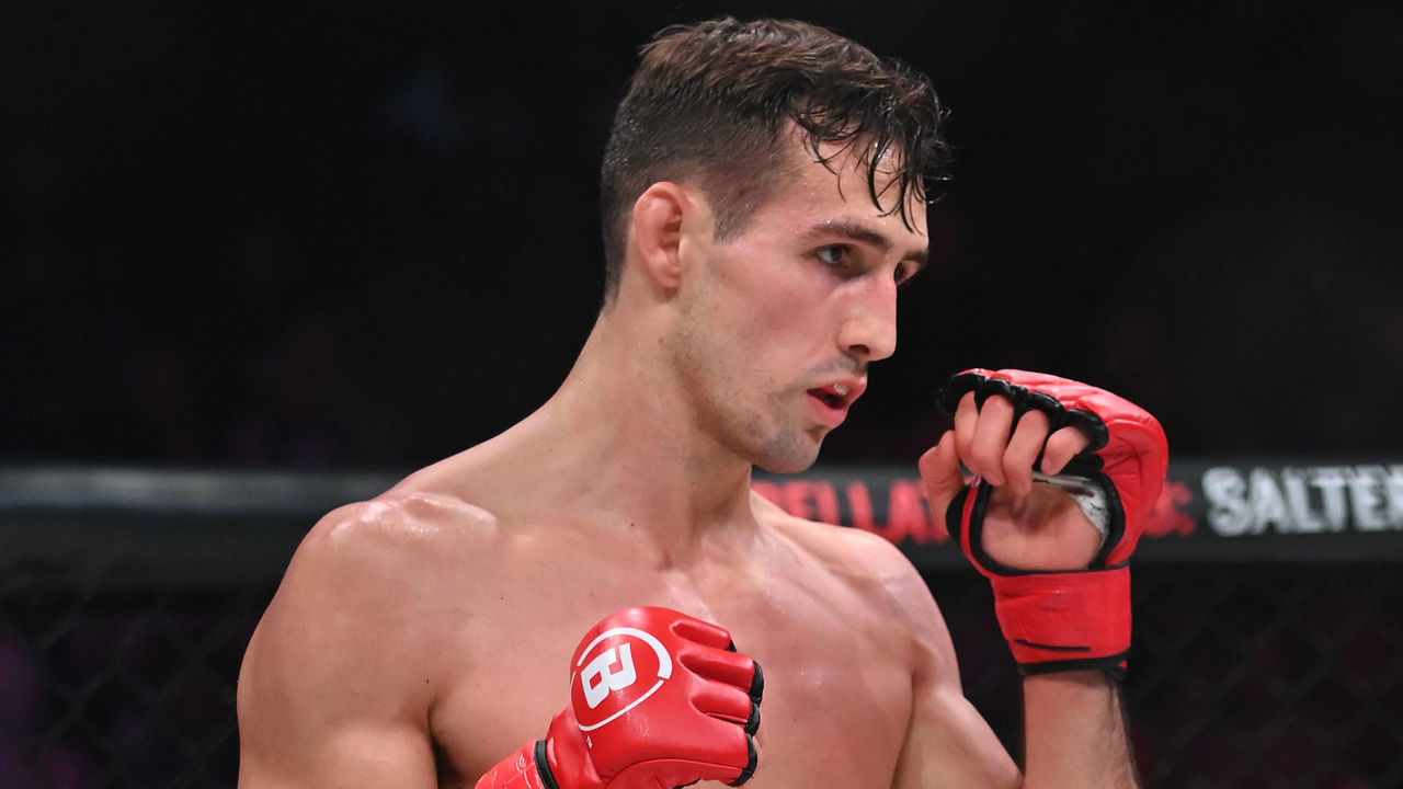 UNCASVILLE, CT - OCTOBER 26: Rory MacDonald (red gloves) takes on Douglas Lima (blue gloves) in a mma bout on October 26, 2019 for Bellator 232 at the Mohegan Sun Arena in Uncasville, Connecticut.