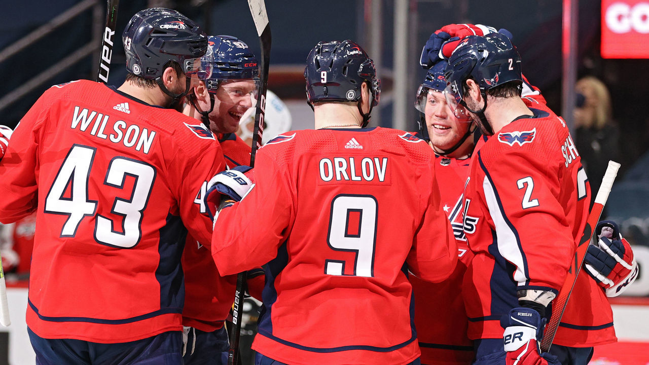 WASHINGTON, DC - APRIL 29: Daniel Sprong #10 of the Washington Capitals celebrates his goal with teammates against the Pittsburgh Penguins during the second period at Capital One Arena on April 29, 2021 in Washington, DC.