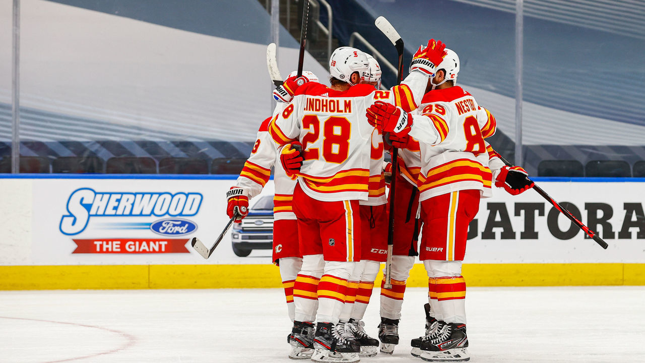EDMONTON, AB - APRIL 29: Calgary Flames Center Elias Lindholm (28) celebrates a goal with the flames in the second period during the Edmonton Oilers game versus the Calgary Flames on APRIL 29, 2021 at Rogers Place in Edmonton, AB.