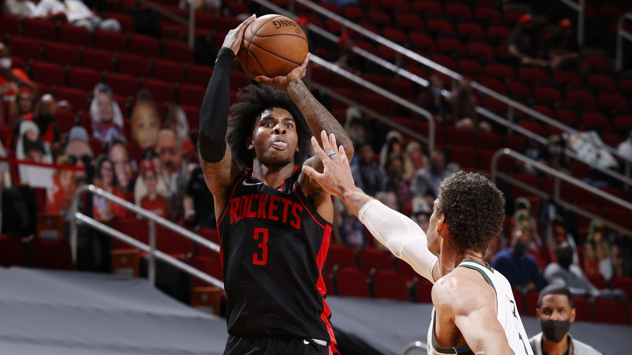 HOUSTON, TX - APRIL 29: Kevin Porter Jr. #3 of the Houston Rockets shoots the ball during the game against the Milwaukee Bucks on April 29, 2021 at the Toyota Center in Houston, Texas. Mandatory Copyright Notice: Copyright 2021 NBAE