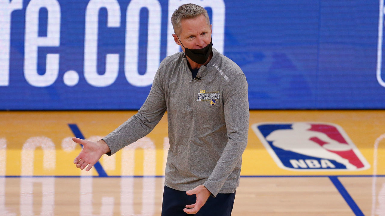 SAN FRANCISCO, CALIFORNIA - APRIL 23: Head coach of the Golden State Warriors Steve Kerr reacts after a foul on his player Stephen Curry #30 in the second quarter against the Denver Nuggets at Chase Center on April 23, 2021 in San Francisco, California.
