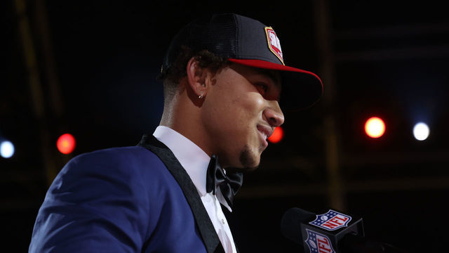 CLEVELAND, OHIO - APRIL 29: Trey Lance speaks onstage after being selected third by the San Francisco 49ers during round one of the 2021 NFL Draft at the Great Lakes Science Center on April 29, 2021 in Cleveland, Ohio.