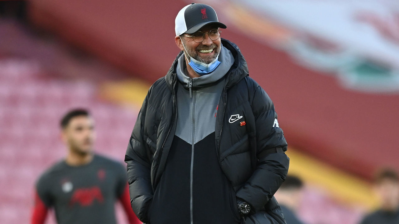 LIVERPOOL, ENGLAND - APRIL 14: Jurgen Klopp, Manager of Liverpool reacts during the warm up prior to the UEFA Champions League Quarter Final Second Leg match between Liverpool FC and Real Madrid at Anfield on April 14, 2021 in Liverpool, England. Sporting stadiums around the UK remain under strict restrictions due to the Coronavirus Pandemic as Government social distancing laws prohibit fans inside venues resulting in games being played behind closed doors.