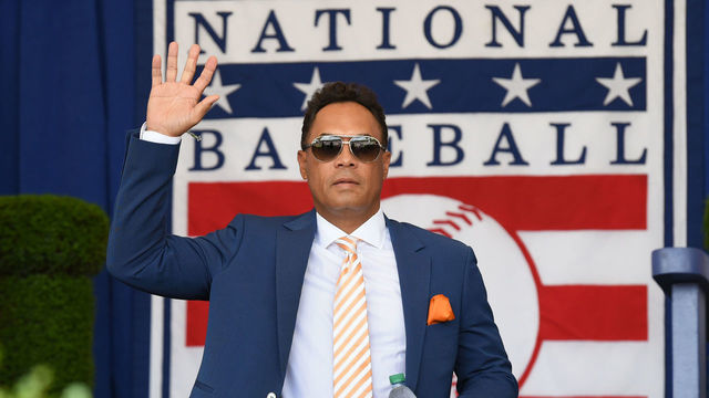 COOPERSTOWN, NY - JULY 29: Hall of Famer Roberto Alomar is introduced during the Baseball Hall of Fame induction ceremony at the Clark Sports Center on July 29, 2018 in Cooperstown, New York.