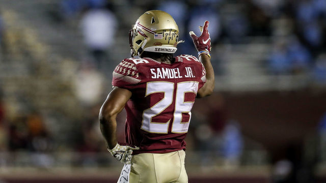 TALLAHASSEE, FL - OCTOBER 17: A backview of Cornerback Asante Samuel, Jr. #26 of the Florida State Seminoles during the game against the North Carolina Tar Heels at Doak Campbell Stadium on Bobby Bowden Field on October 17, 2020 in Tallahassee, Florida. The Seminoles defeated the Tar Heels 31 to 28.