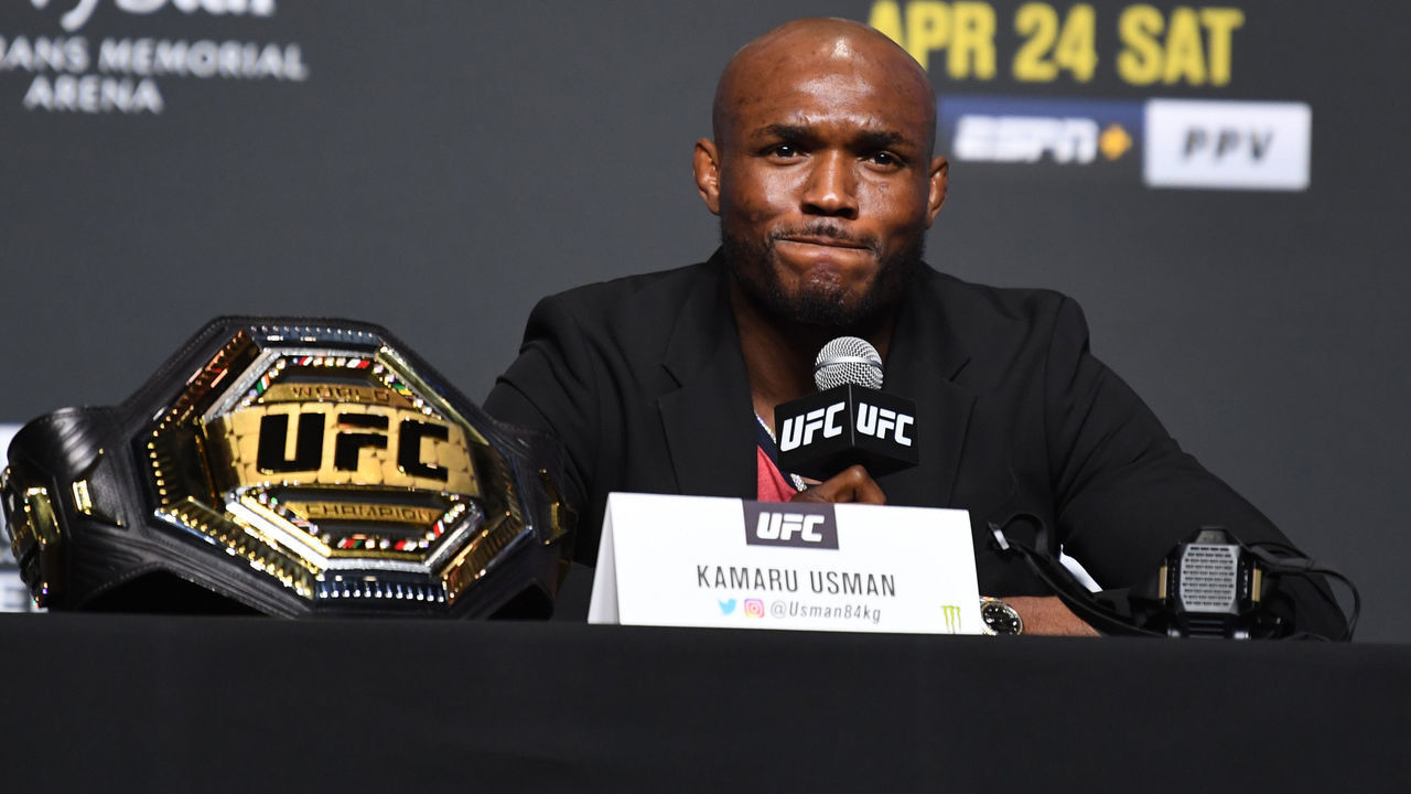 JACKSONVILLE, FLORIDA - APRIL 22: UFC Welterweight Champion Kamaru Usman interacts with media during the UFC 261 press conference at VyStar Veterans Memorial Arena on April 22, 2021 in Jacksonville, Florida.