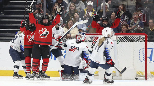 ANAHEIM, CALIFORNIA - FEBRUARY 08: Jill Saulnier #11 of the Canadian Women's National Team scores in the first period against the U.S. Women's Hockey Team at Honda Center on February 08, 2020 in Anaheim, California.
