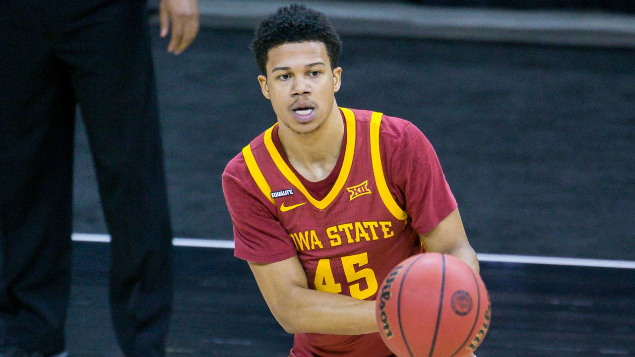 KANSAS CITY, MO - MARCH 10: Iowa State Cyclones guard Rasir Bolton (45) passes the ball during the second half against the Oklahoma Sooners on March 10th, 2021 at the T Mobile Center in Kansas City, Missouri.