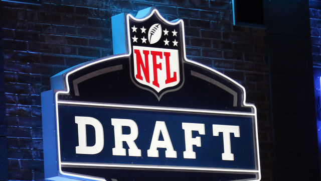 NASHVILLE, TN - APRIL 25: The NFL draft logo is on display during the first round of the 2019 NFL Draft on April 25, 2019, at the Draft Main Stage on Lower Broadway in downtown Nashville, TN.