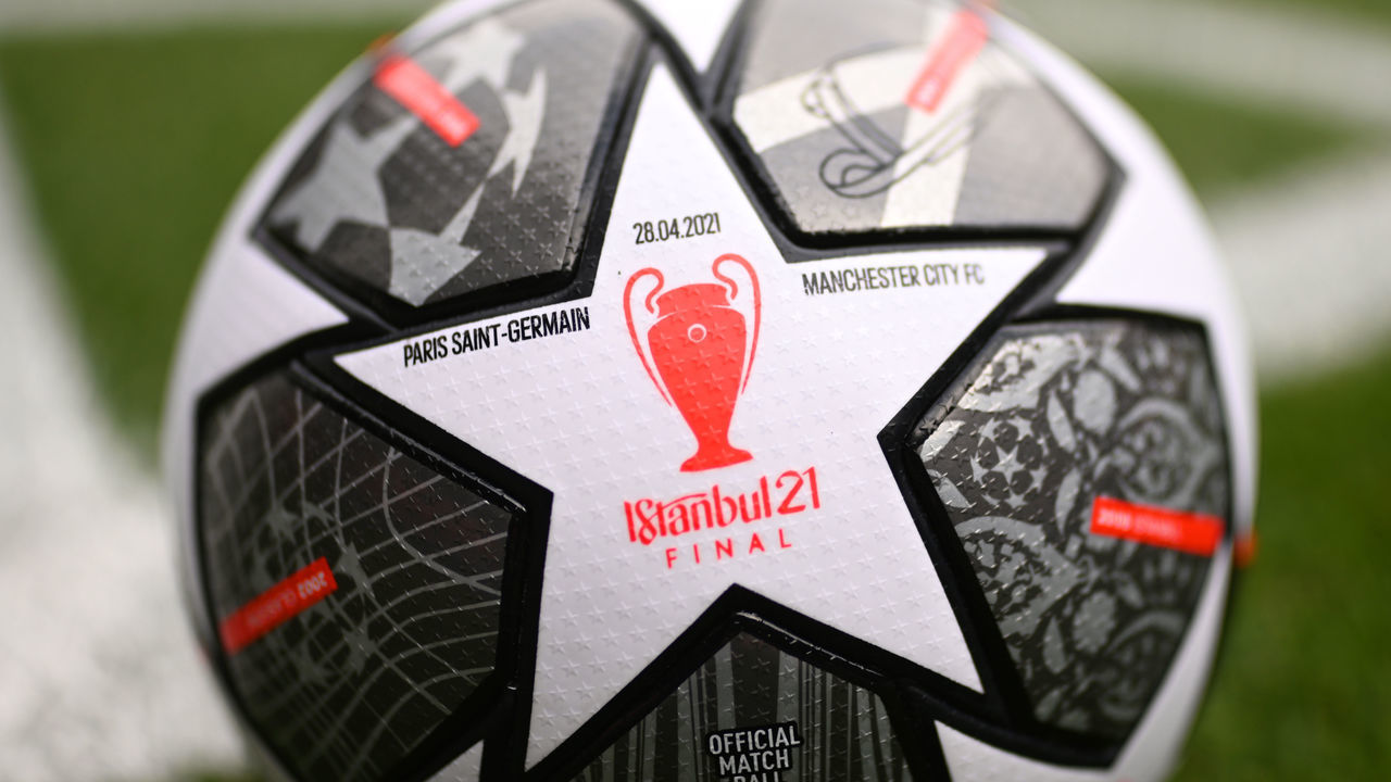 PARIS, FRANCE - APRIL 28: A detailed view of an Adidas Finale Istanbul 21 ball prior to the UEFA Champions League Semi Final First Leg match between Paris Saint-Germain and Manchester City at Parc des Princes on April 28, 2021 in Paris, France. Sporting stadiums around France remain under strict restrictions due to the Coronavirus Pandemic as Government social distancing laws prohibit fans inside venues resulting in games being played behind closed doors.