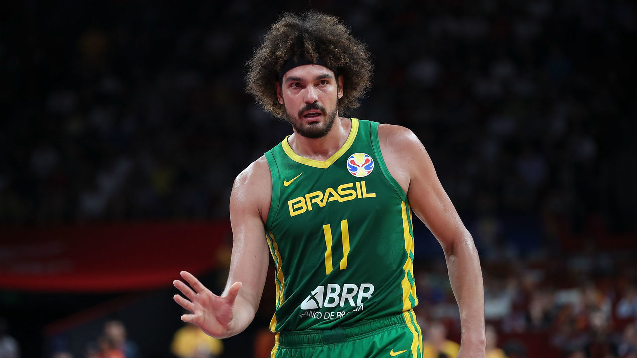 SHENZHEN, CHINA - SEPTEMBER 09: Anderson Varejao #11of Brazil reacts during FIBA World Cup 2019 Group K match between USA and Brazil at Shenzhen Bay Sports Centre on September 9, 2019 in Shenzhen, China.